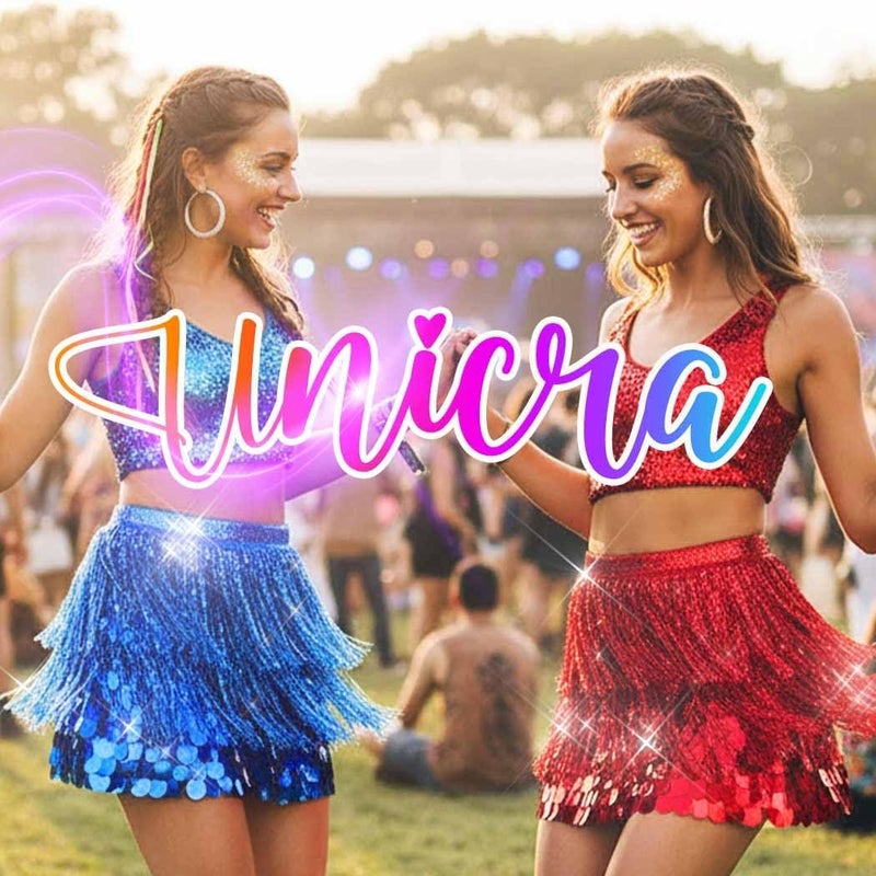 Unicra Gold Sequin Skirt Sparkly Fringe Skirt Glitter Belly Dance Hip Scarf for Women - Image 4